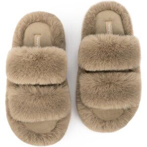 Women's Fluffy Fleece Faux Fur Open Two Band Lining Rubber Sole Tan Slippers